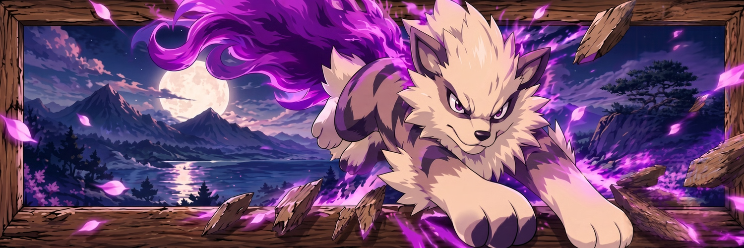 Arcanine leaping through a shattered wooden frame under a purple moon, magenta fire streaming behind