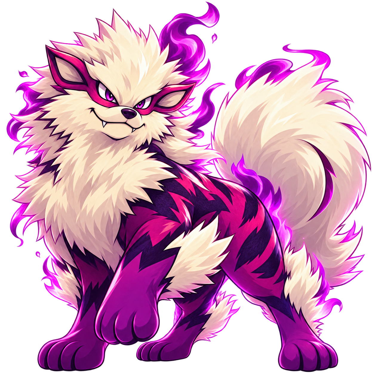 Arcanine, a cream-furred fire canine with magenta flames and a sharp grin